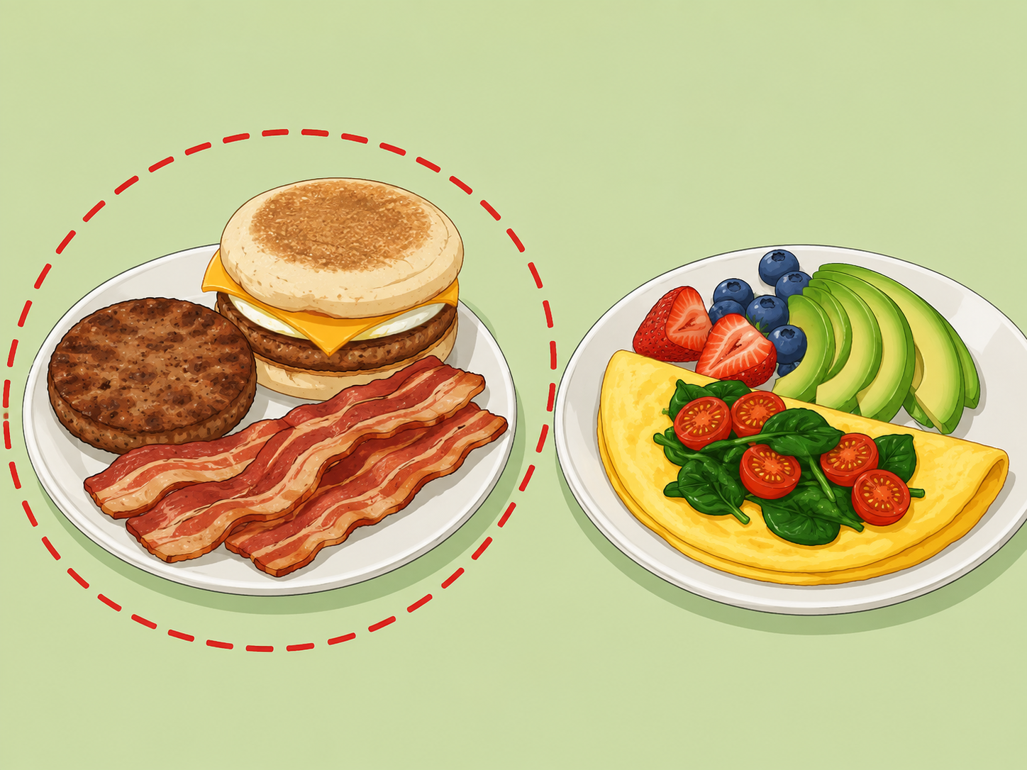 Processed breakfast meats and a fast-food sandwich highlighted as foods to limit.