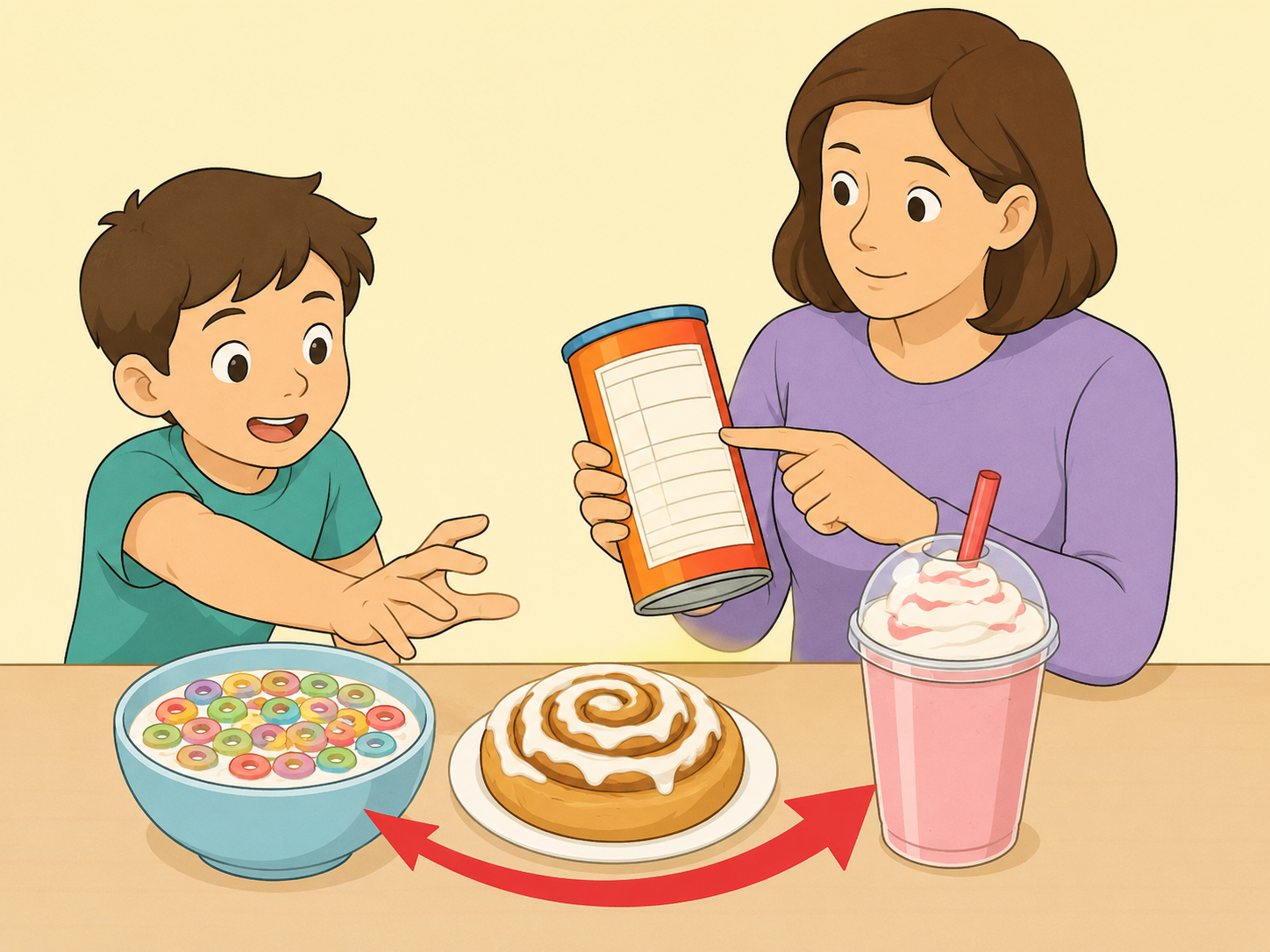 Sugary cereal, pastry, and sweet drink highlighted during breakfast.