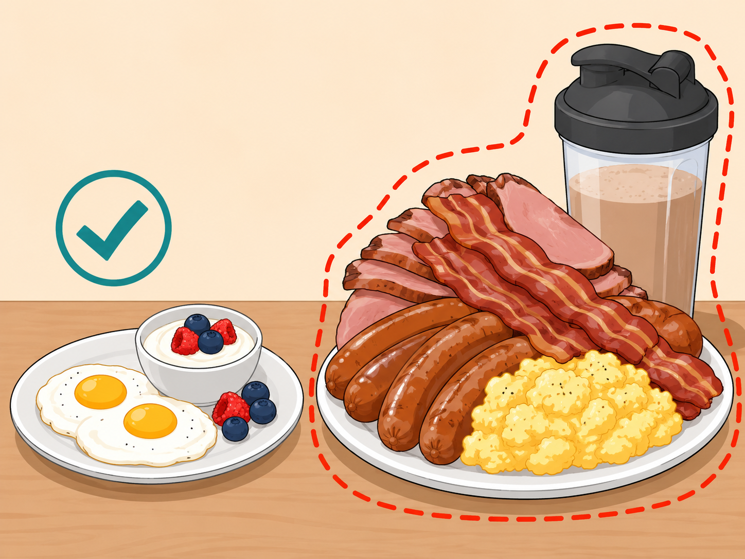 Normal breakfast protein portion compared with an oversized protein-heavy meal.