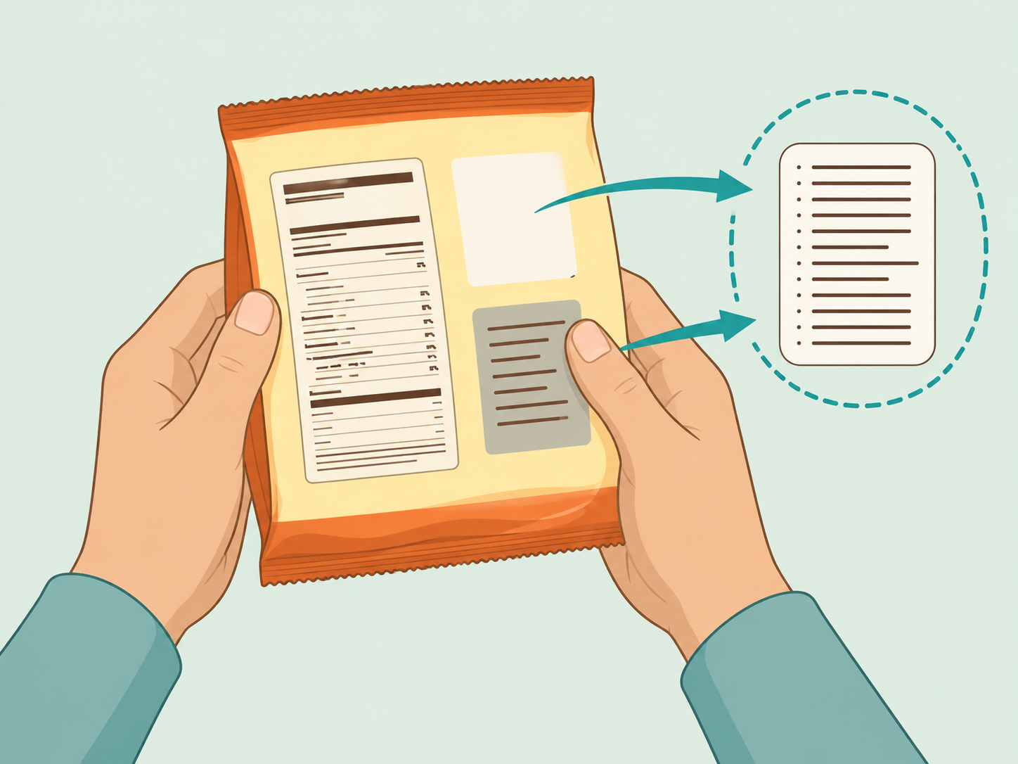 Hands checking a packaged breakfast label for sodium, sugar, and additives.
