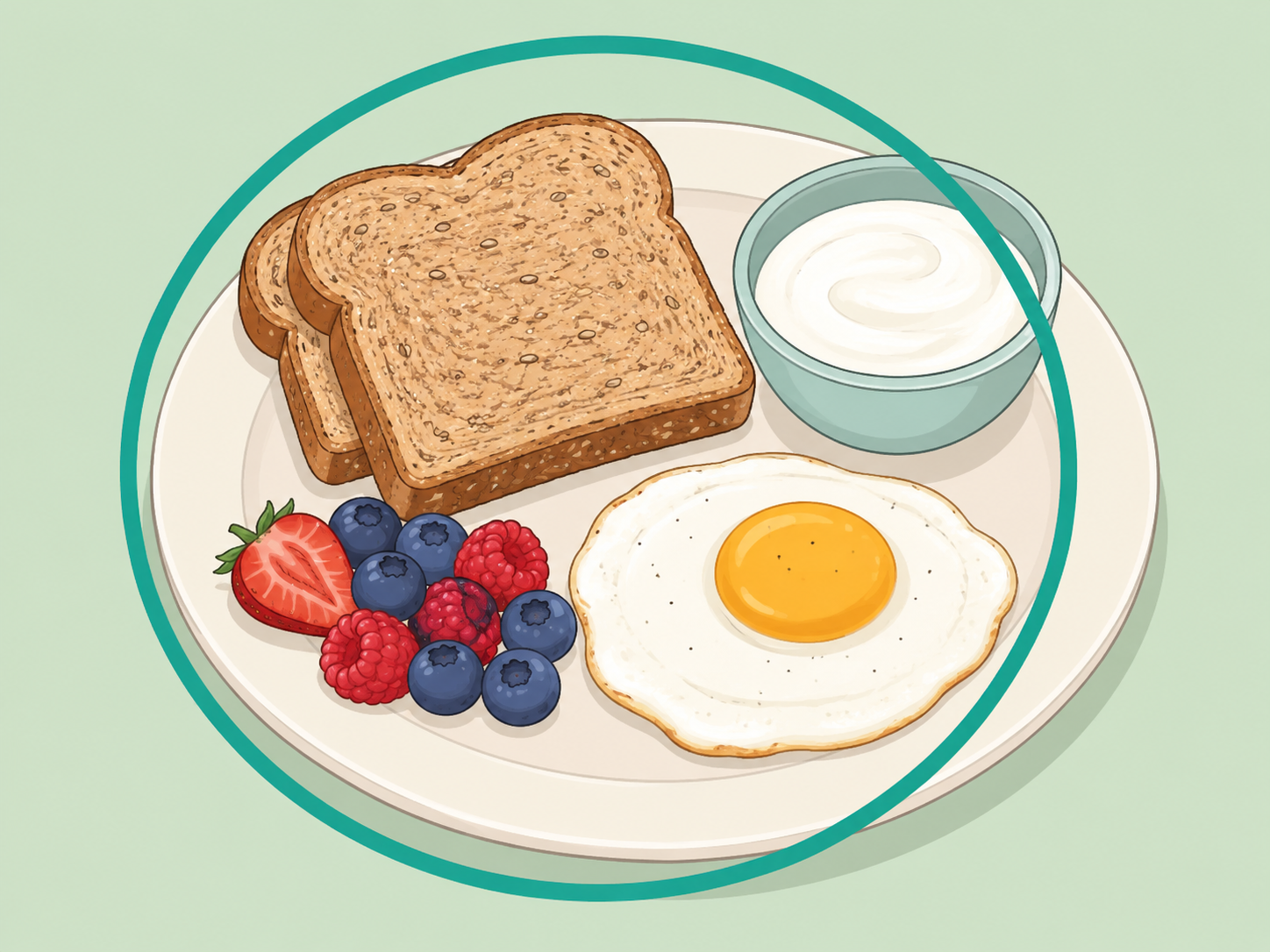 Balanced breakfast plate with whole grain, fruit, yogurt, and egg.