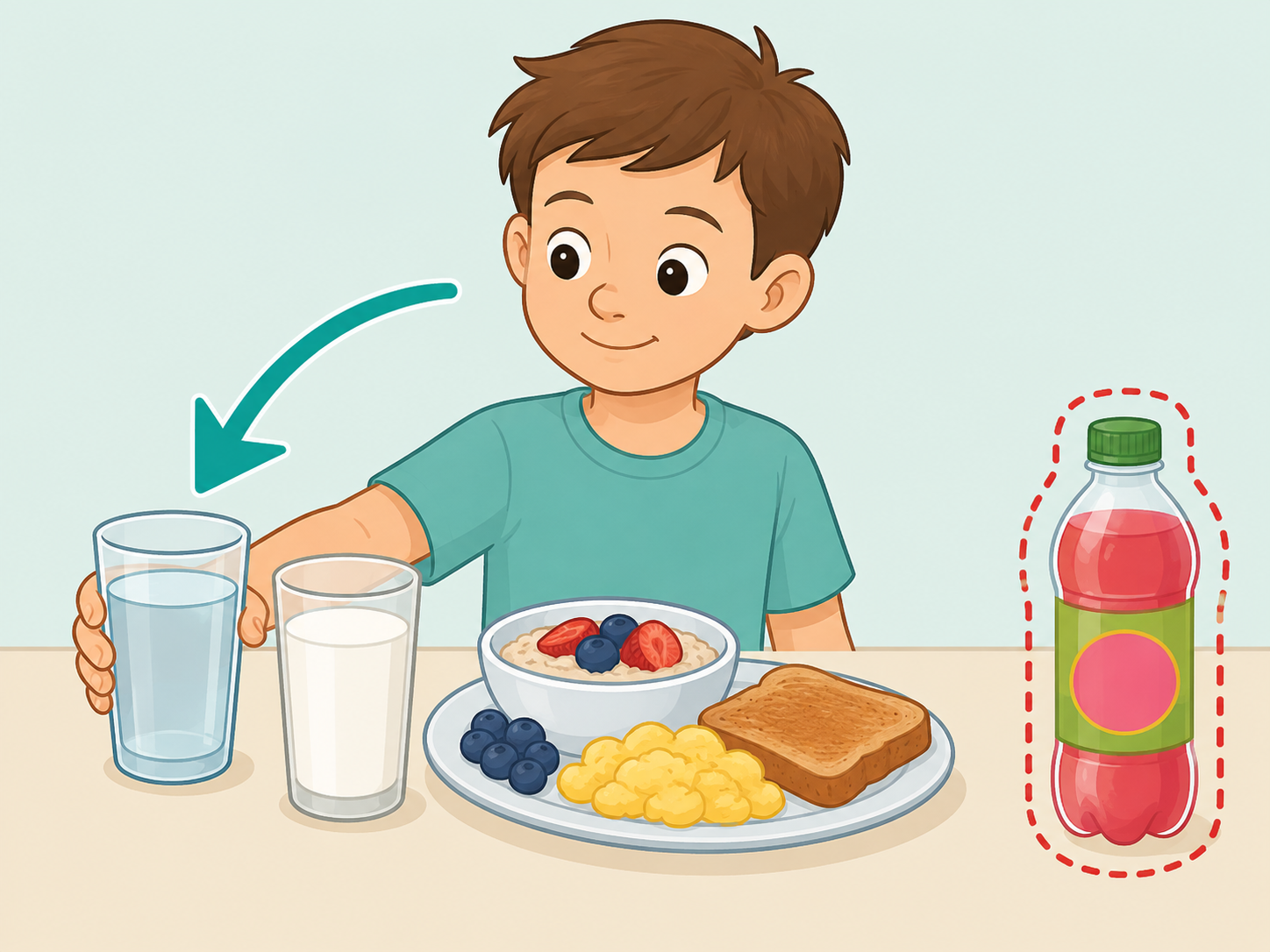 Child choosing water or plain milk instead of a sweet breakfast drink.