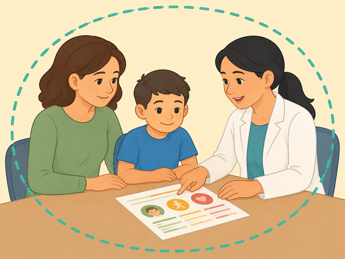 Parent and child talking with a pediatric health professional about kidney concerns.