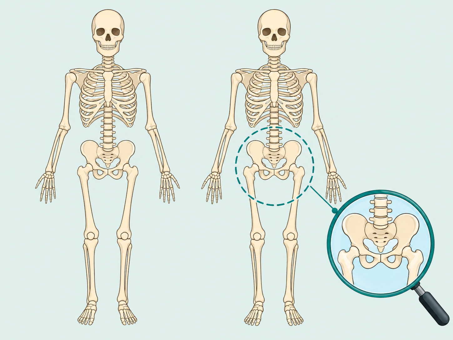Illustration of two skeletons with the pelvis highlighted for comparison.