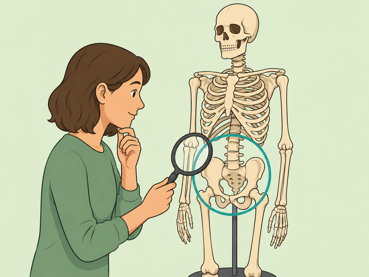 Person starting a skeleton comparison by examining the pelvis.