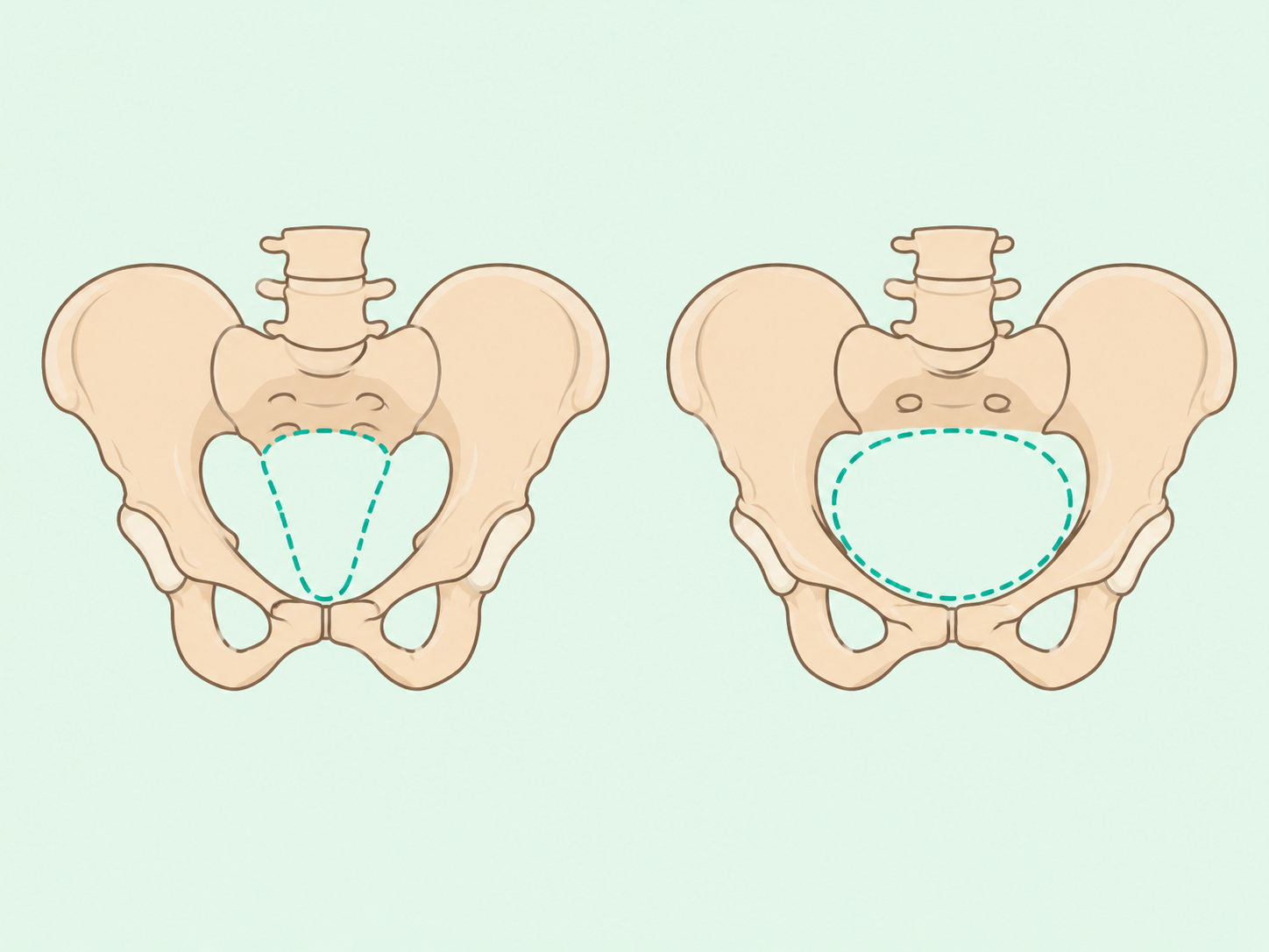Comparison of pelvic openings with the broader rounded opening highlighted.