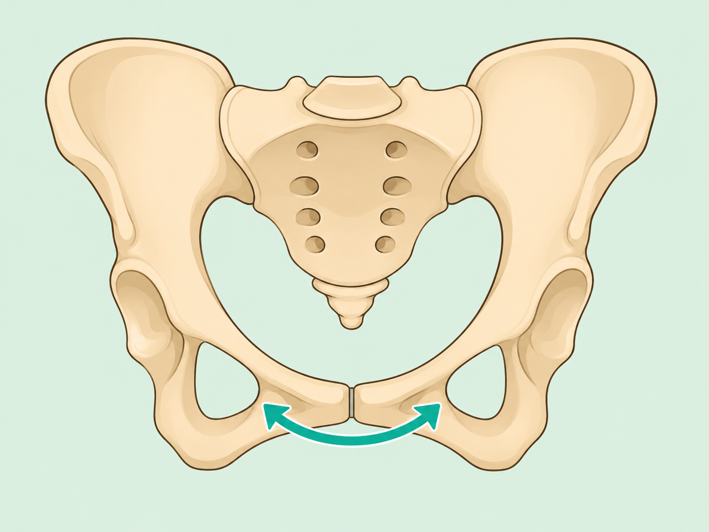 Close-up illustration of a wide pubic arch on a pelvis.