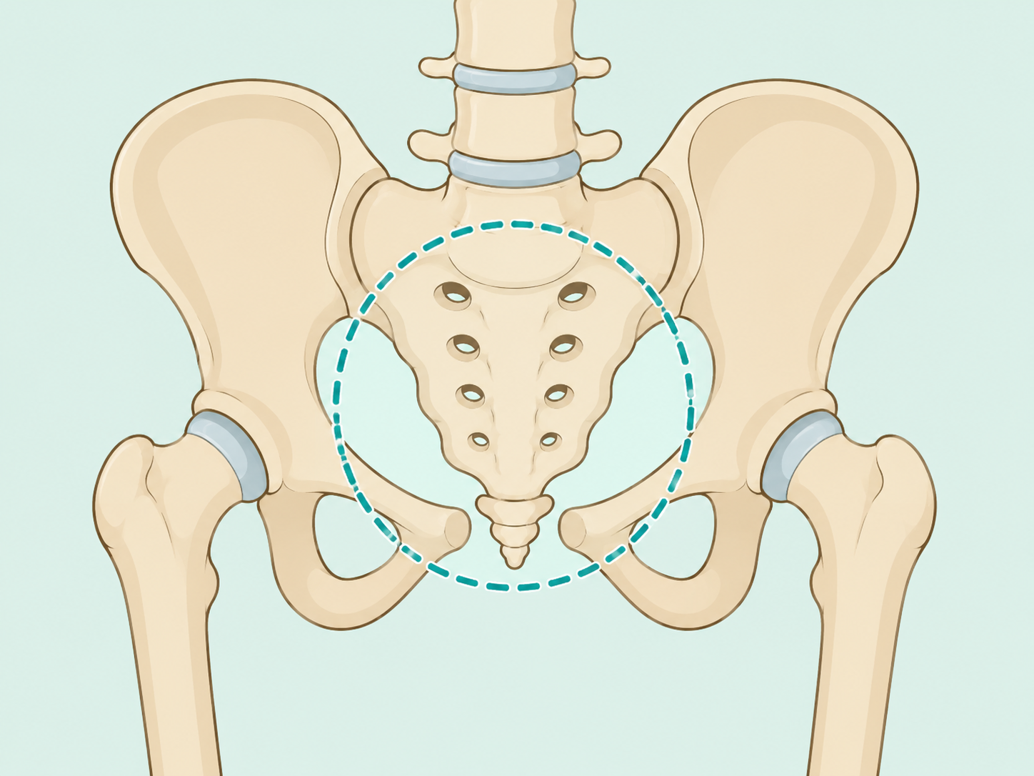 Back of a pelvis with the sacrum and coccyx highlighted.
