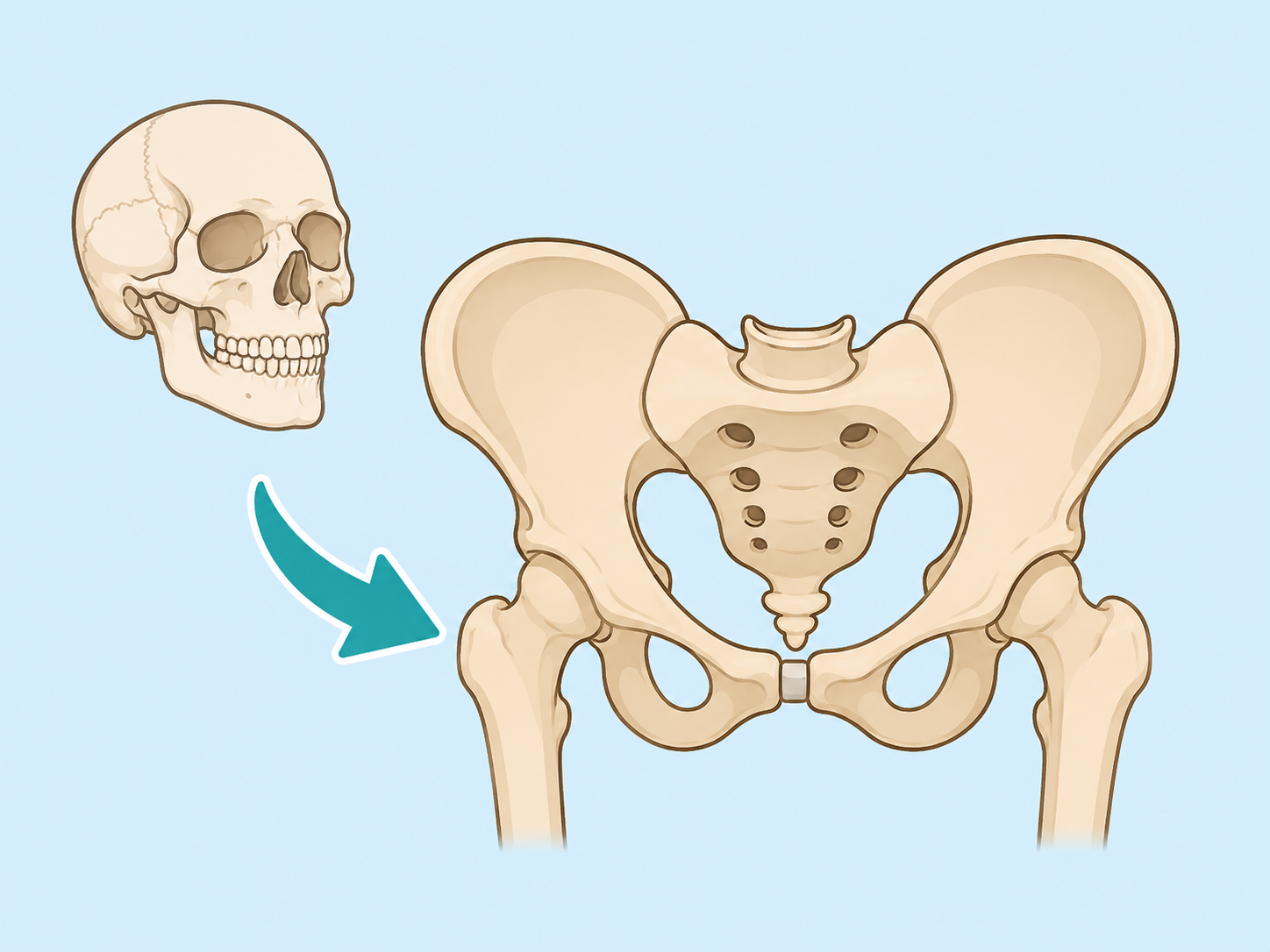 Skull used as a supporting clue while the pelvis remains emphasized.