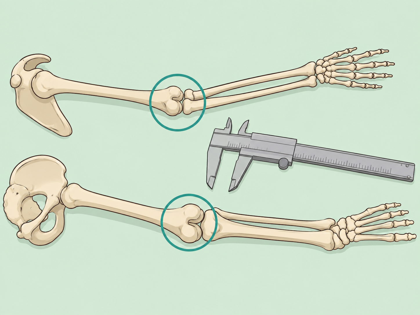 Long bones being compared carefully with a highlighted joint area.