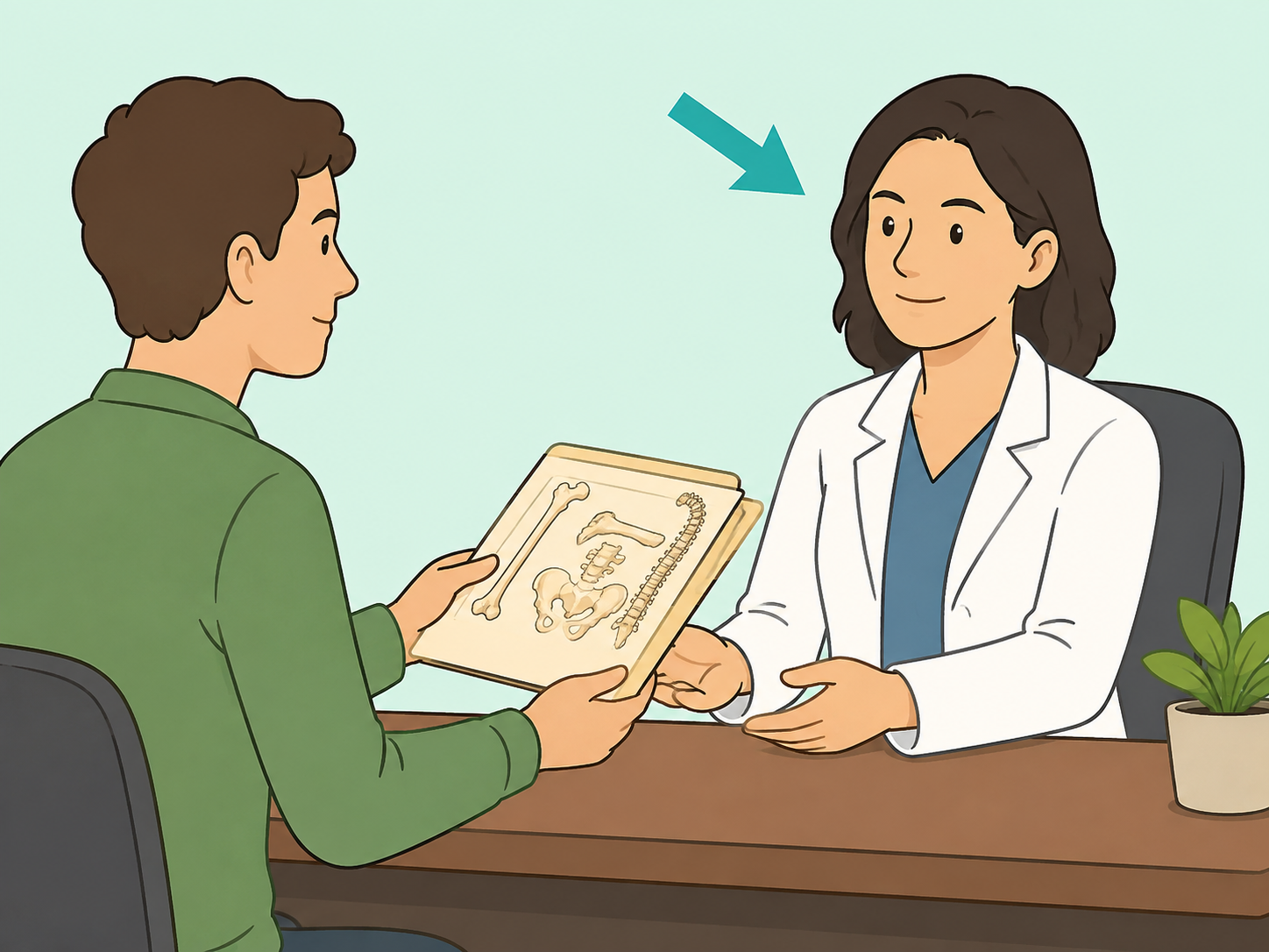 Person asking a professional for help with an important bone or health question.