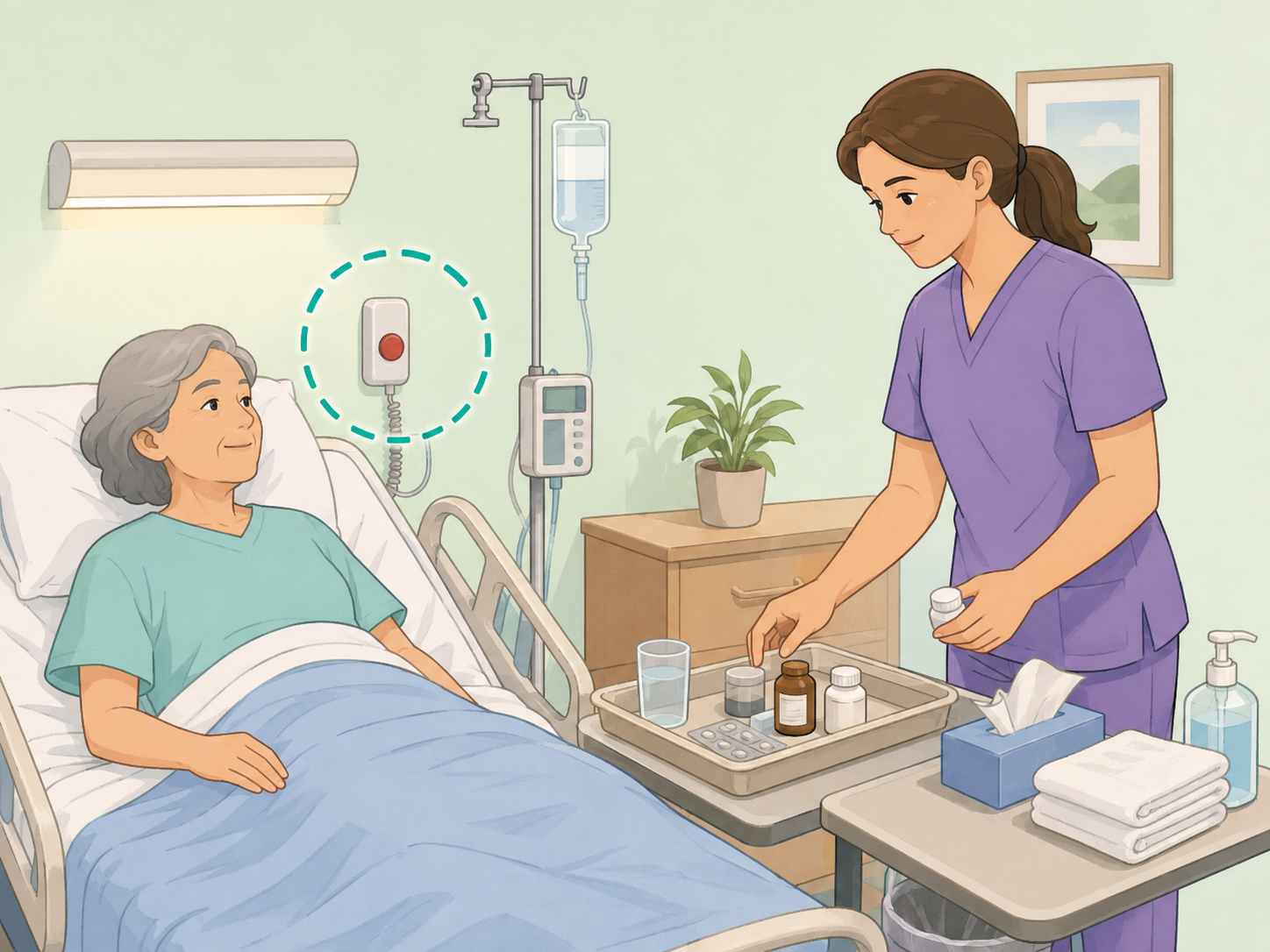 Illustration of a hospital room scene with one safety clue highlighted for a visual puzzle.