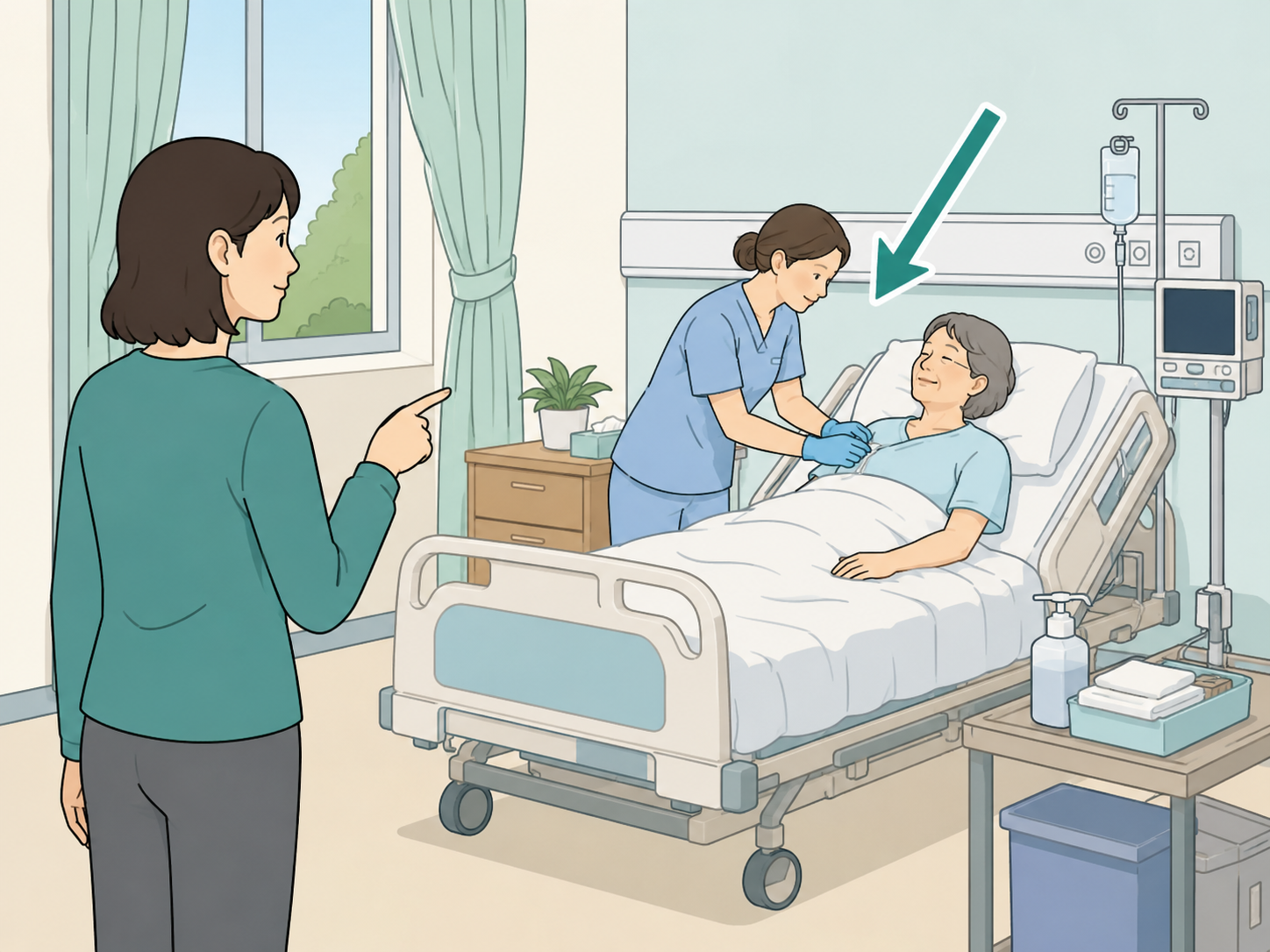 Person identifying the care task in a hospital picture before looking for mistakes.