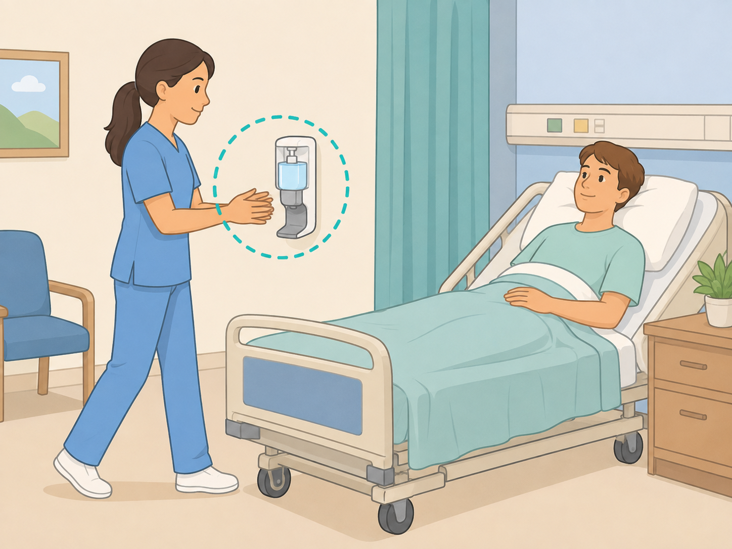 Healthcare worker near a sanitizer dispenser before touching a patient.