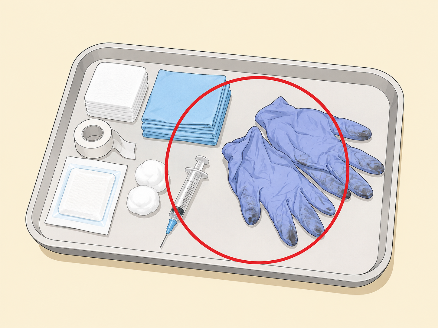Clean supplies and used gloves shown too close together on a hospital tray.