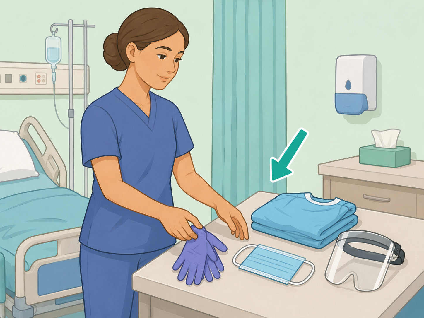Healthcare worker matching protective gear to the care task.