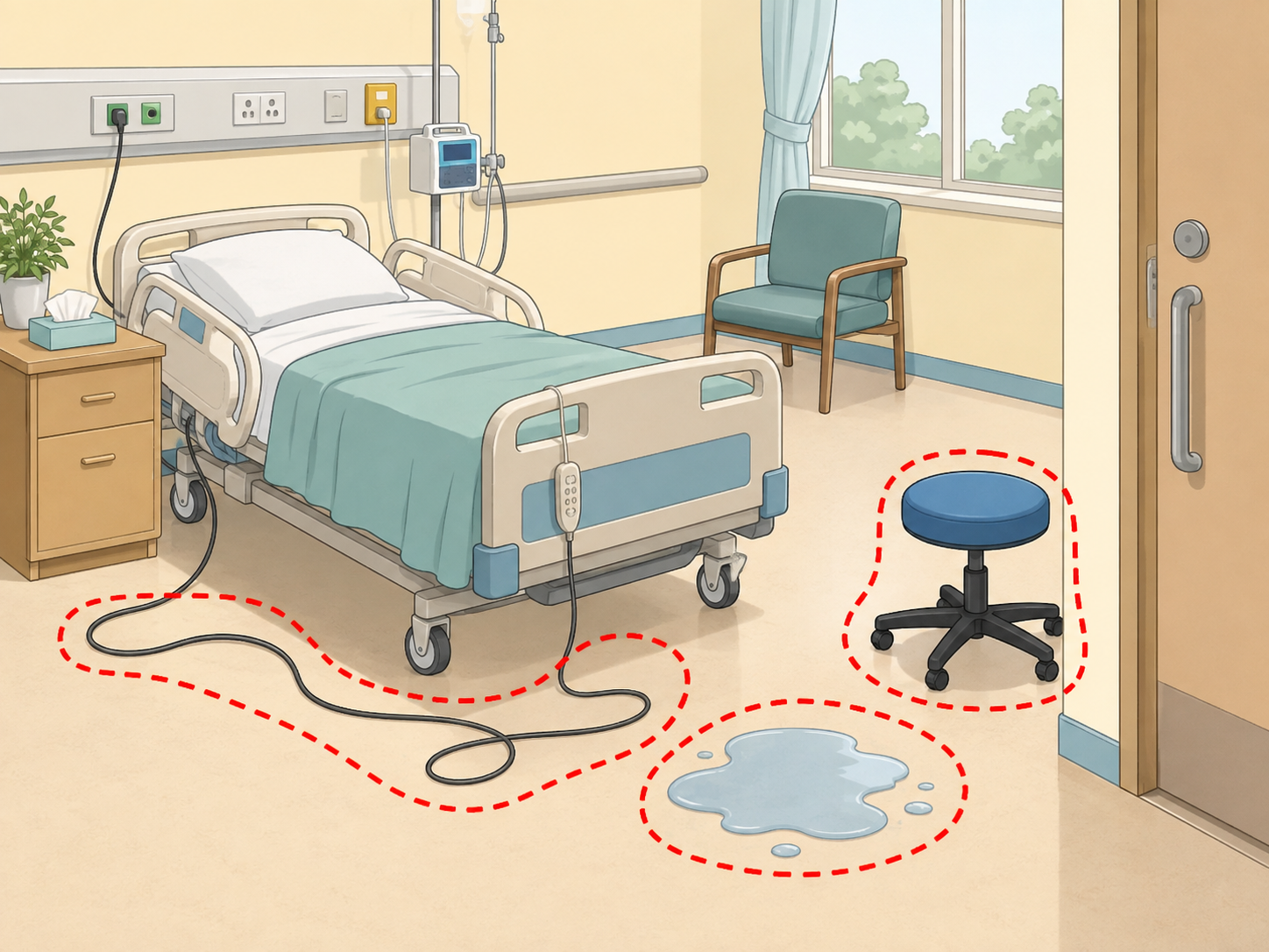 Hospital room fall hazards highlighted near the bed and walking path.