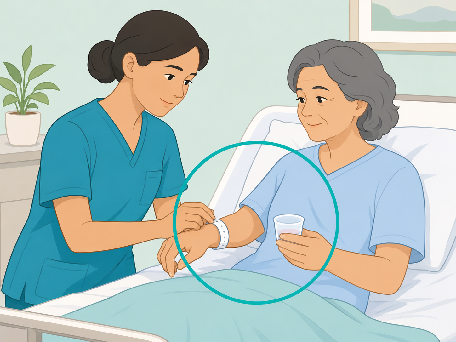 Nurse checking a patient ID band before giving medicine.