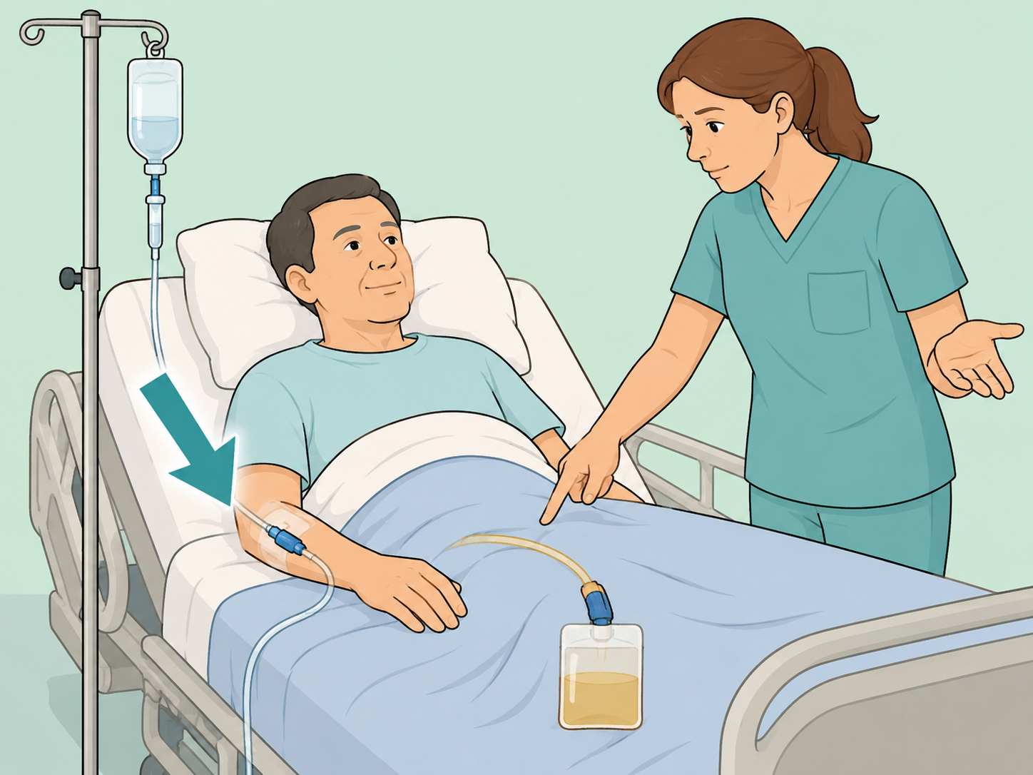 Caregiver noticing hospital tubes and lines and asking whether they are still needed.