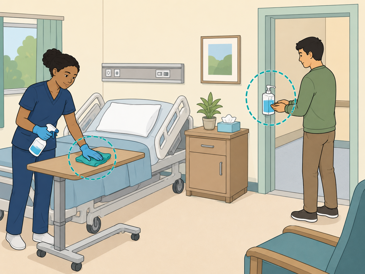 Hospital room cleaning and visitor hand hygiene shown as safety clues.