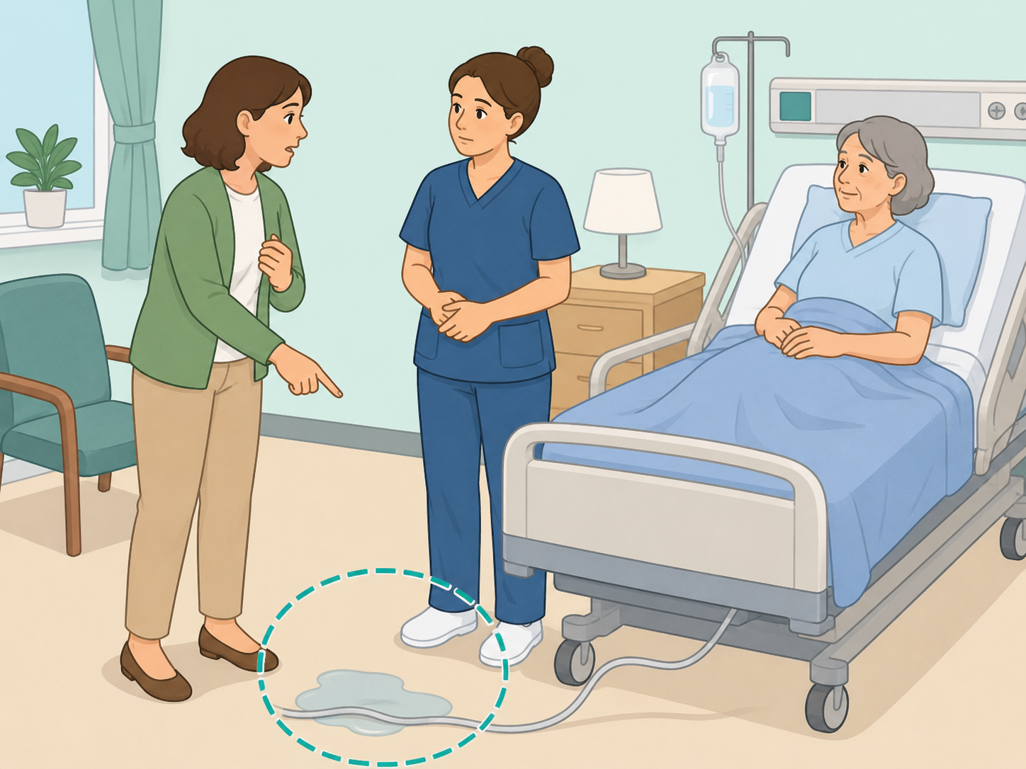 Caregiver alerting a nurse about a possible safety concern in a hospital room.