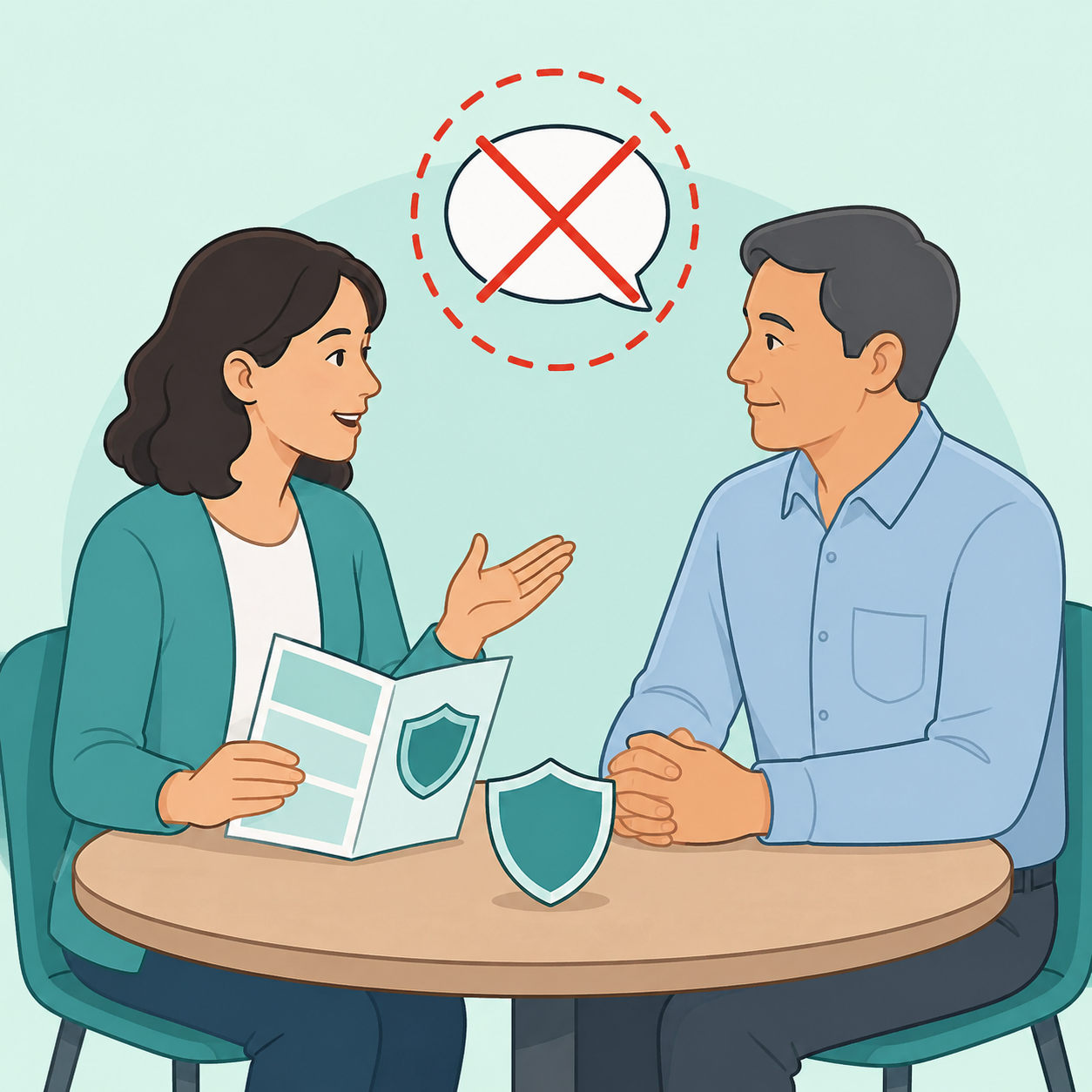 Illustration of two adults discussing sexual health respectfully while rejecting a rumor.