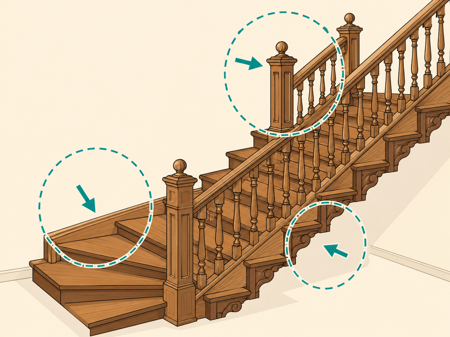 Illustration of a historic staircase with winders, open string brackets, newel posts, and balusters highlighted.