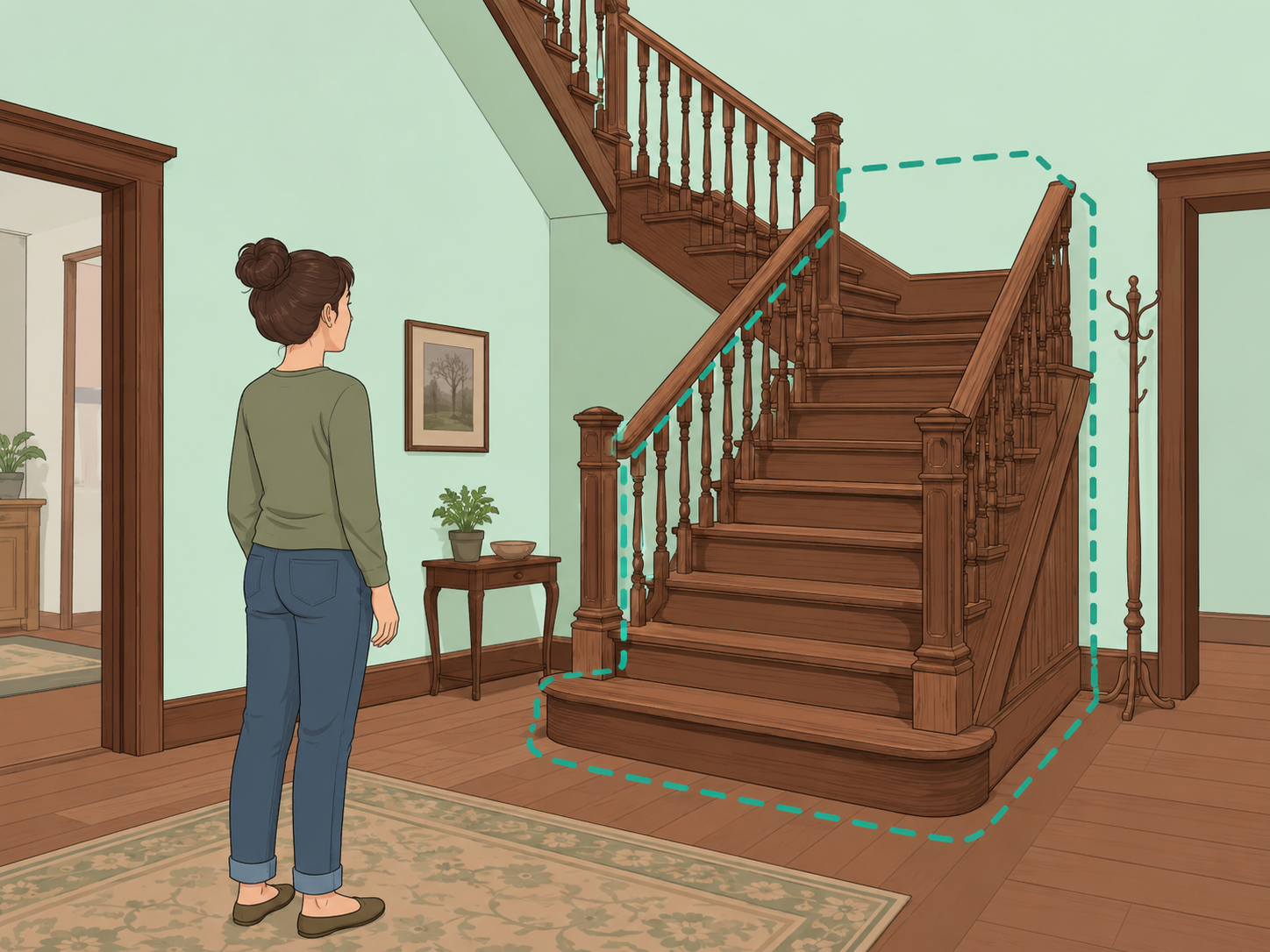 Person observing the main staircase in a historic home entry hall.