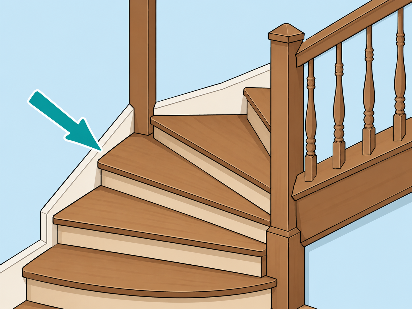 Wedge-shaped winder steps highlighted at a turn in a staircase.