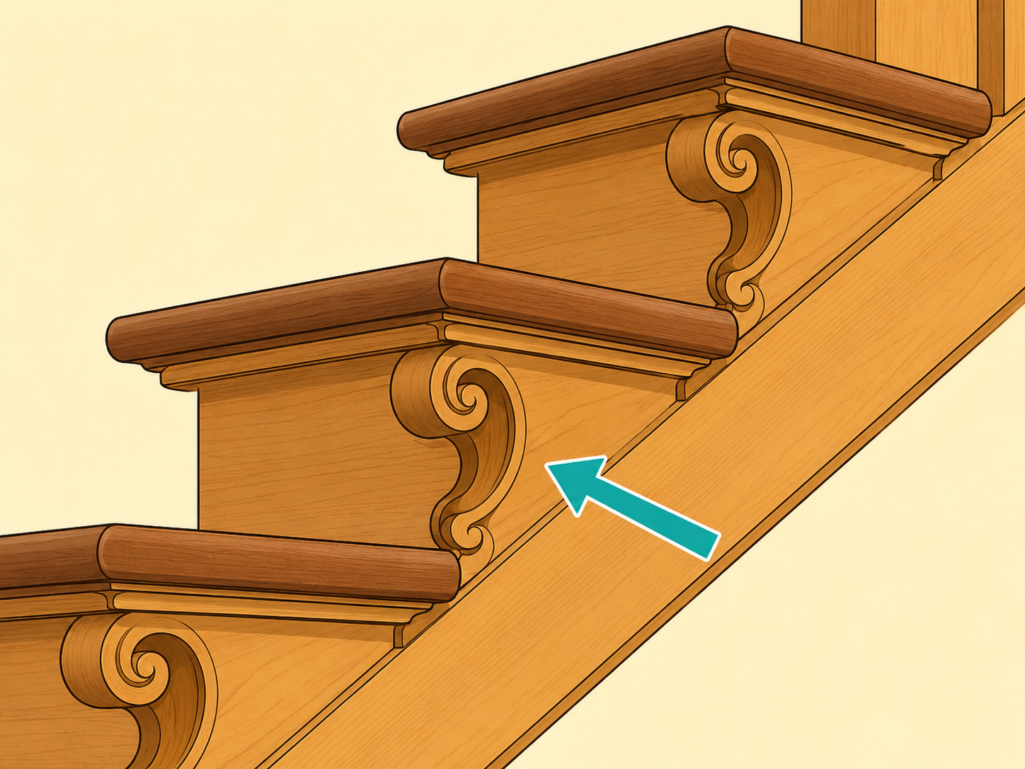Decorative brackets highlighted beneath the tread ends of a historic staircase.