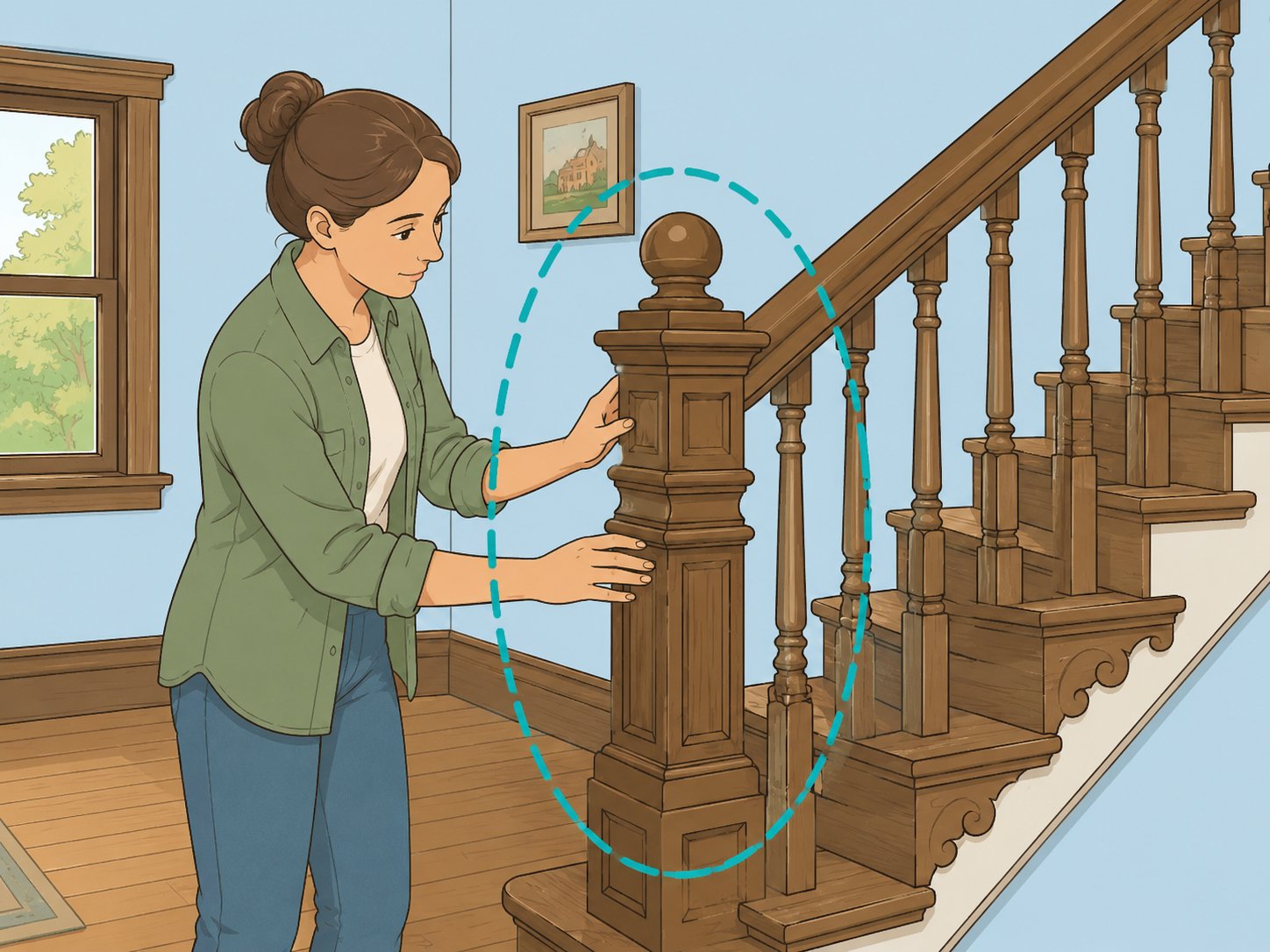 Person examining a newel post at the base of a historic staircase.
