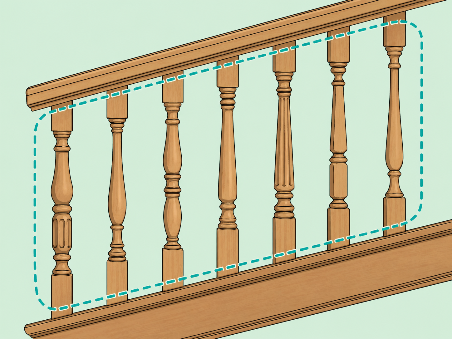Row of historic stair balusters highlighted beneath a handrail.