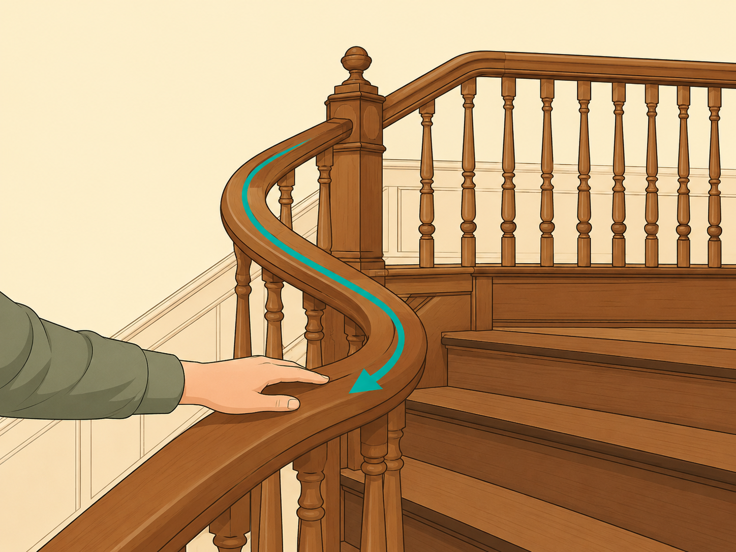 Handrail curving through a landing on a historic staircase.