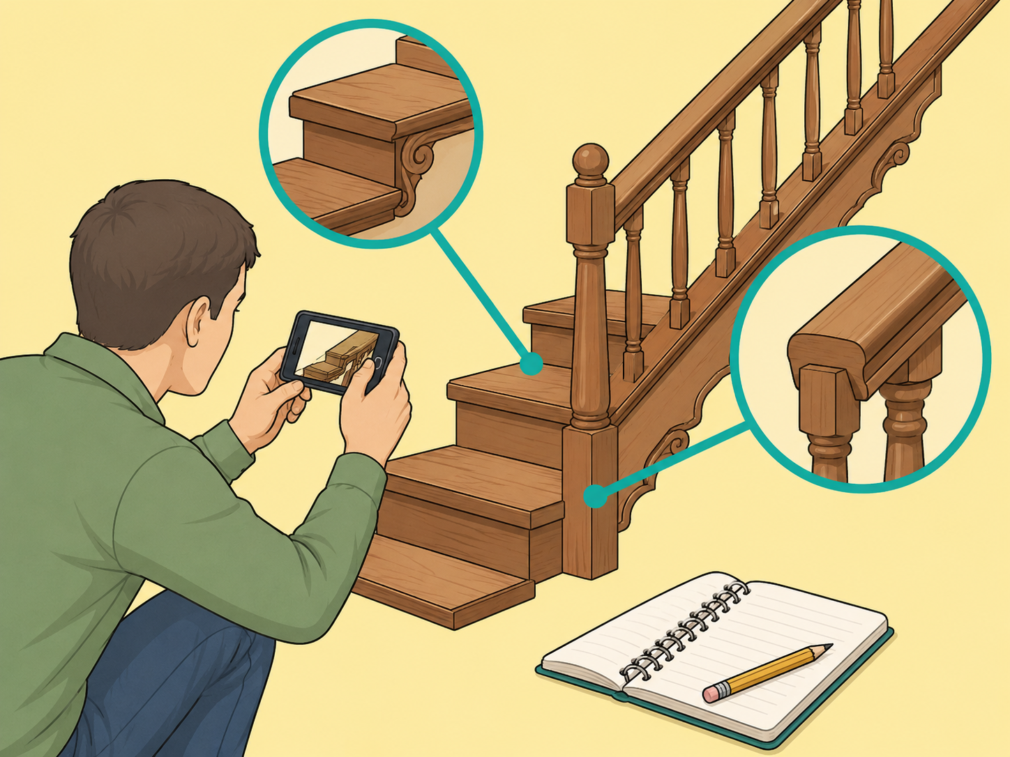 Homeowner documenting historic staircase details before repairs.