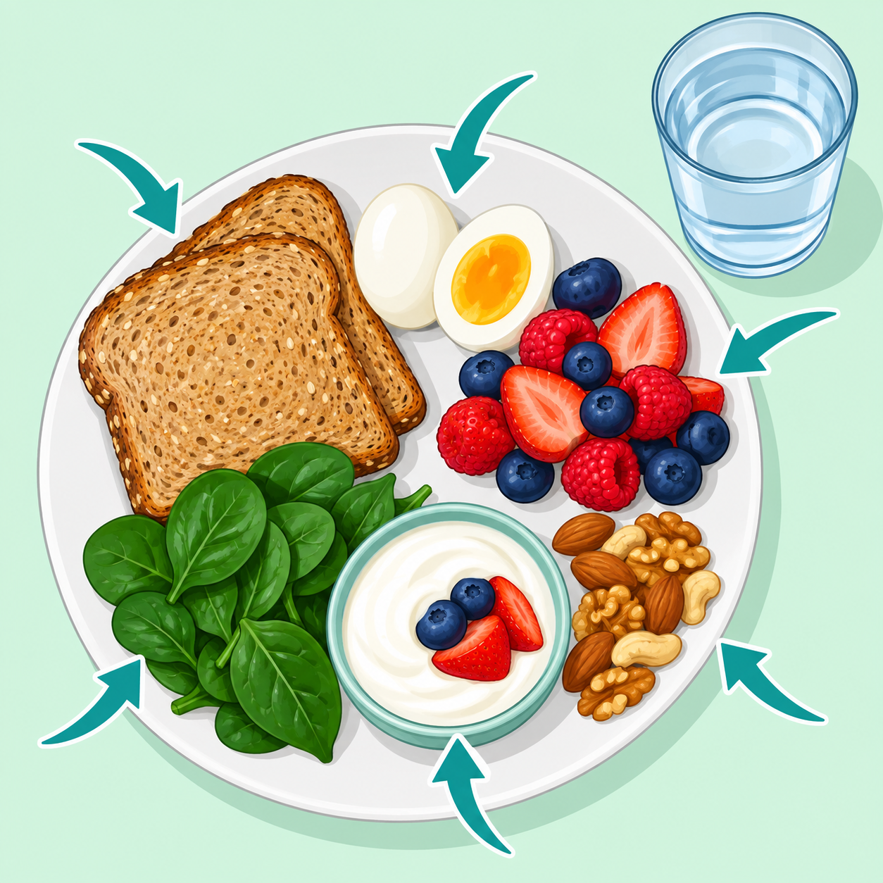Illustration of a balanced breakfast plate with protein, whole grains, fruit, vegetables, yogurt, nuts, and water.