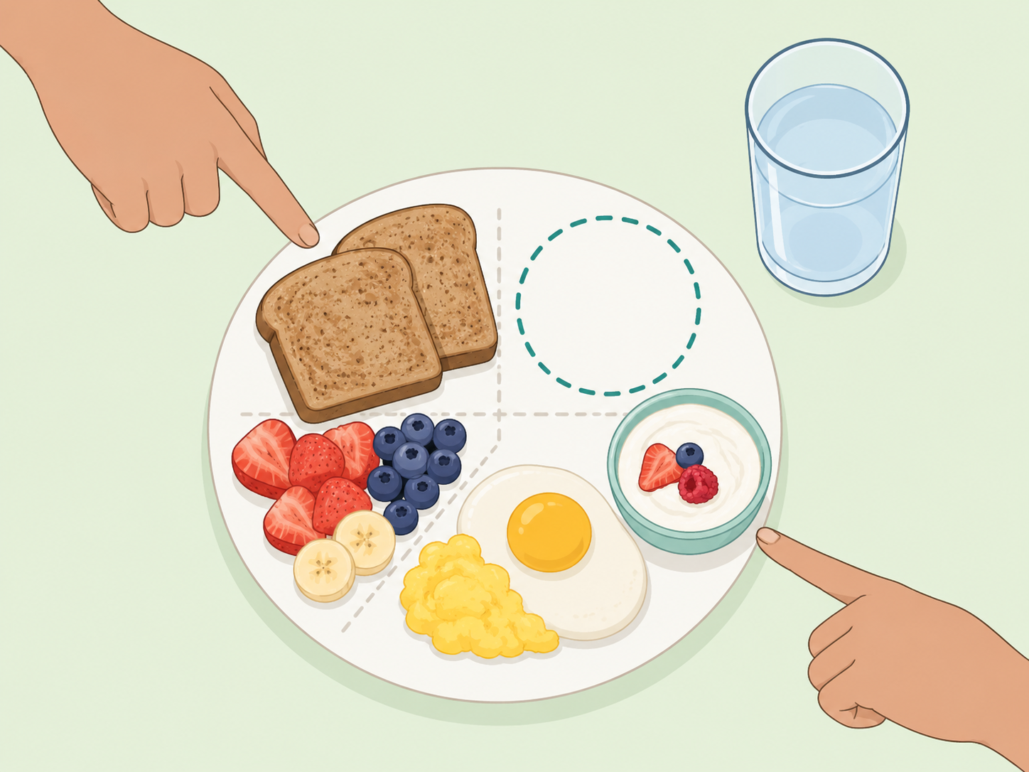Hands scanning a breakfast plate to find which food group is missing.