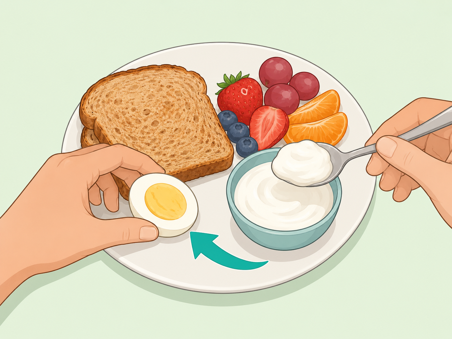 A hand adding protein foods to a breakfast plate.