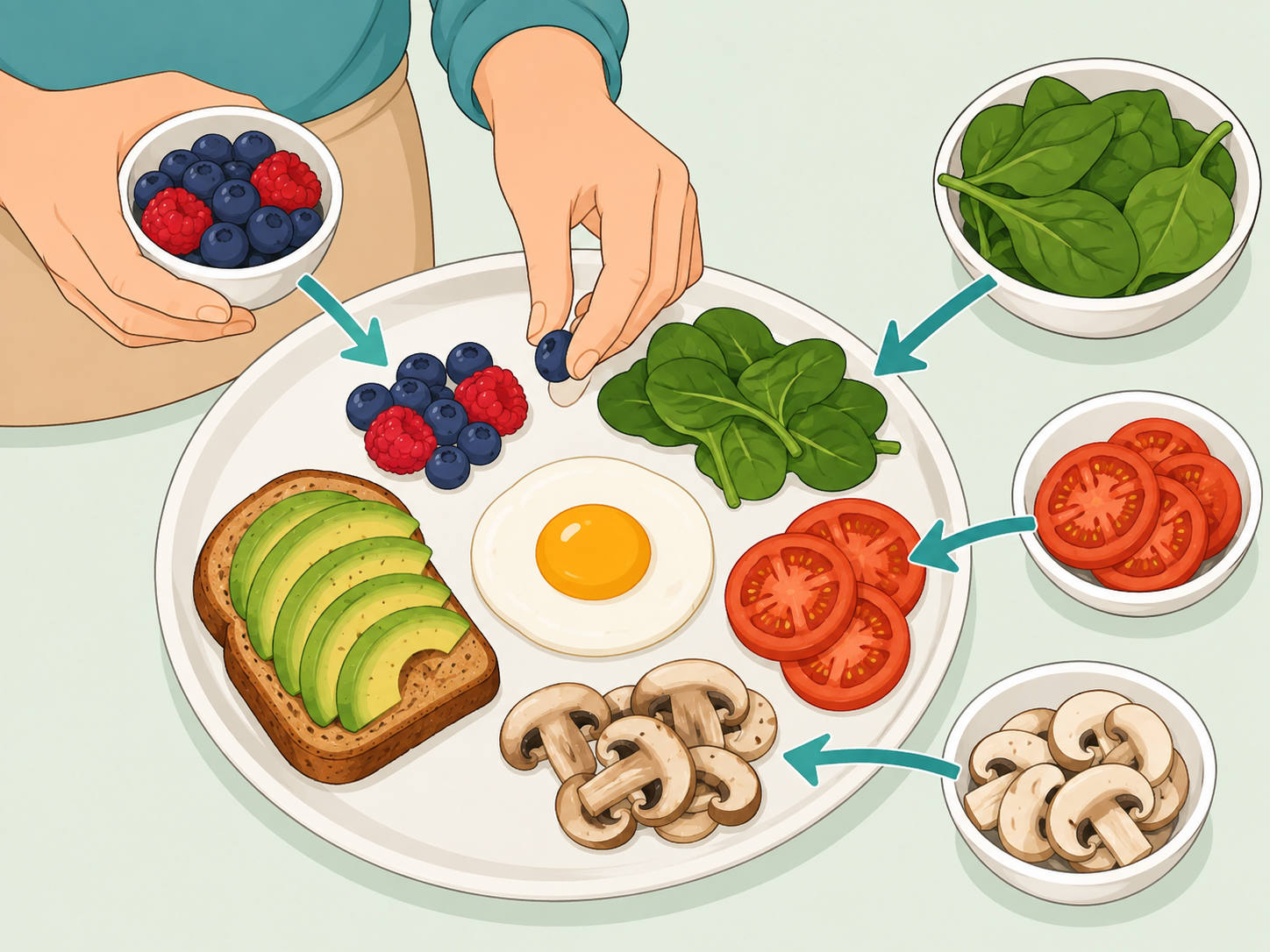 Fruit and vegetables being added to a breakfast plate.