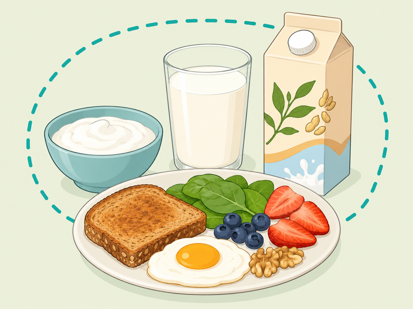 Calcium-rich breakfast options shown beside a plate.