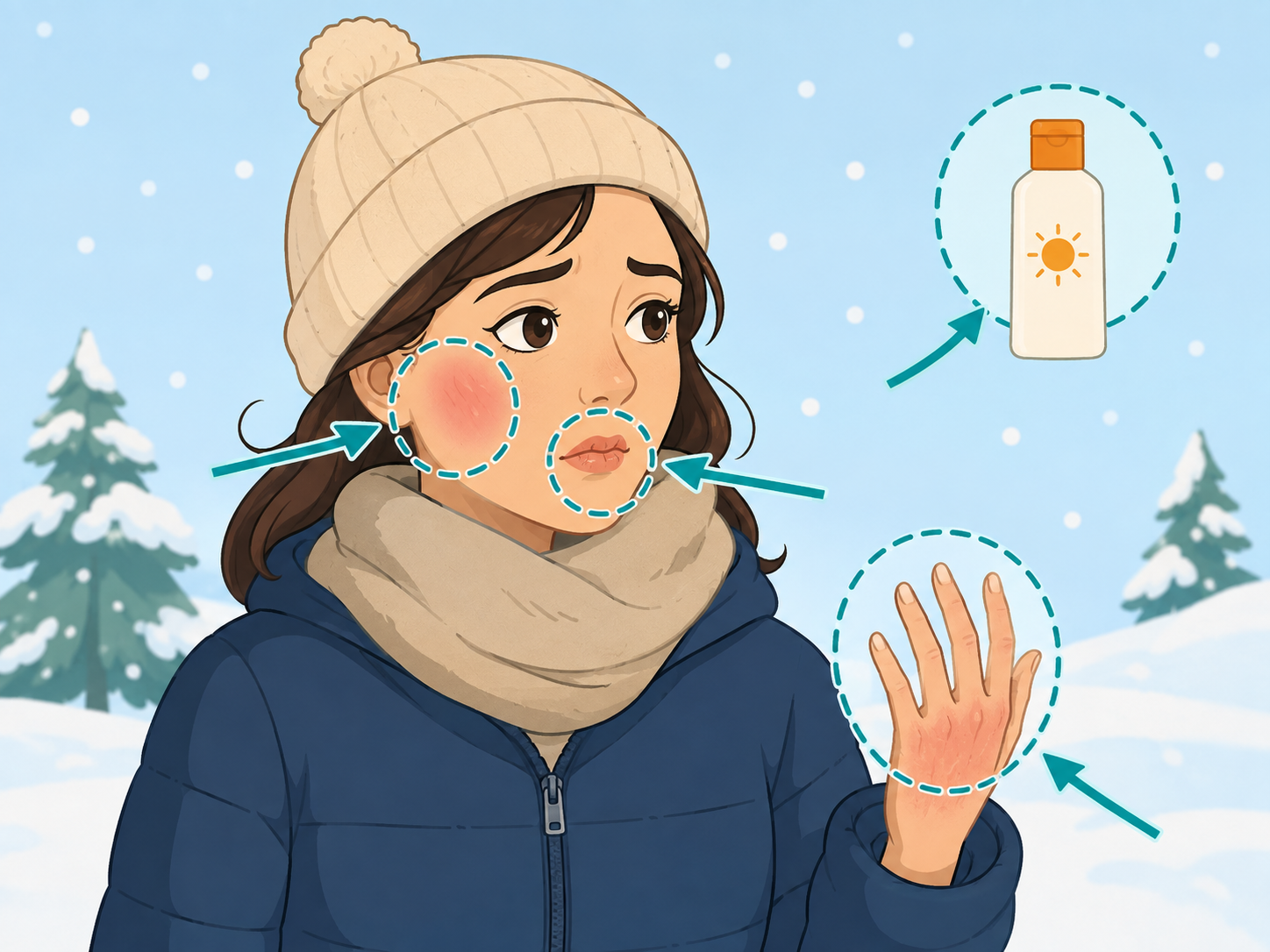 Illustration of a person in snowy weather with highlighted winter beauty mistakes on exposed skin and lips.