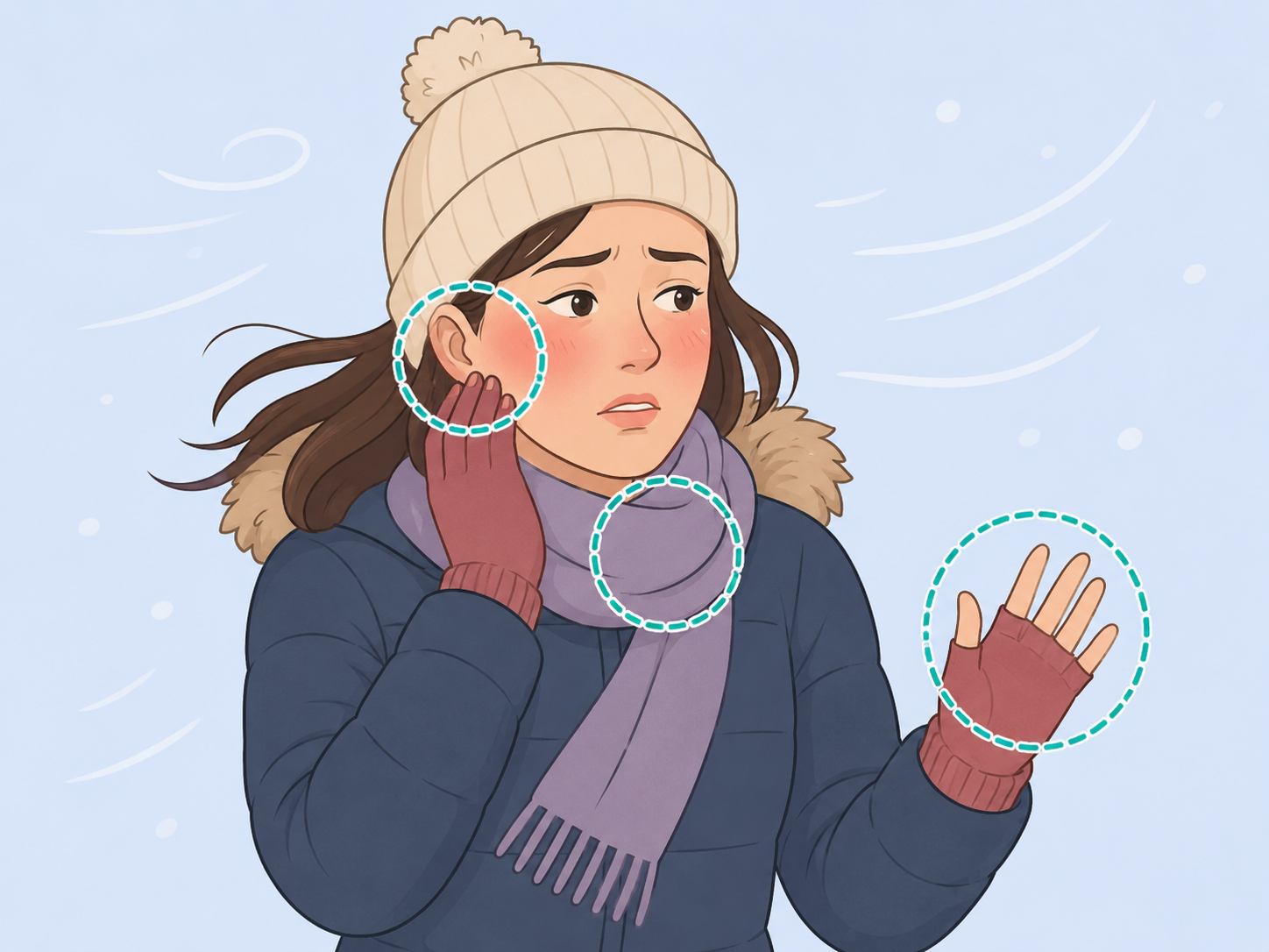 Person in winter clothing with exposed cheeks, ears, hands, and neck highlighted.