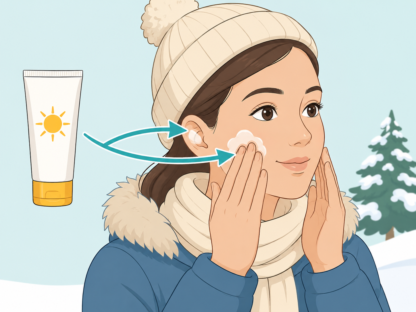Hands applying sunscreen to exposed face and ears before snowy weather.