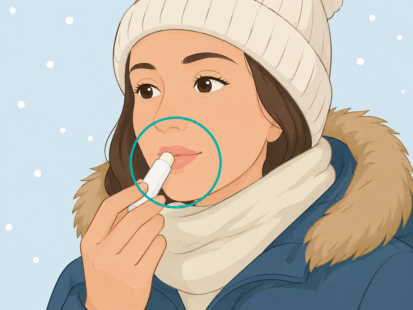 Person applying lip balm to protect lips in snowy weather.