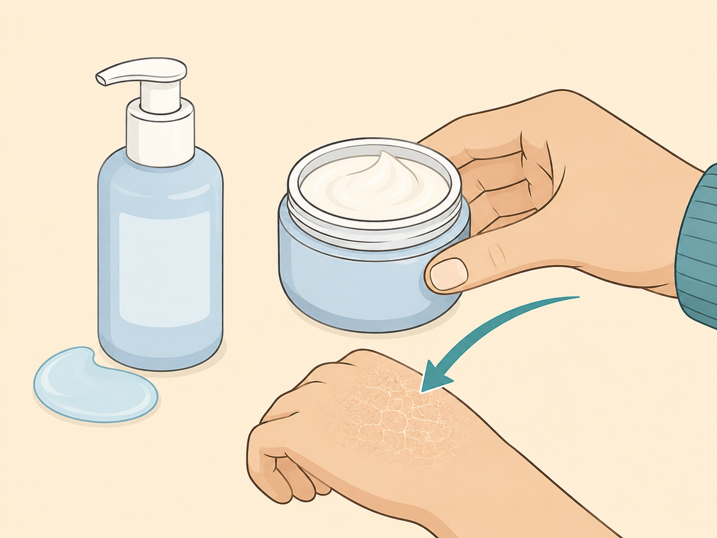 Hand choosing a thicker cream moisturizer for dry winter skin.