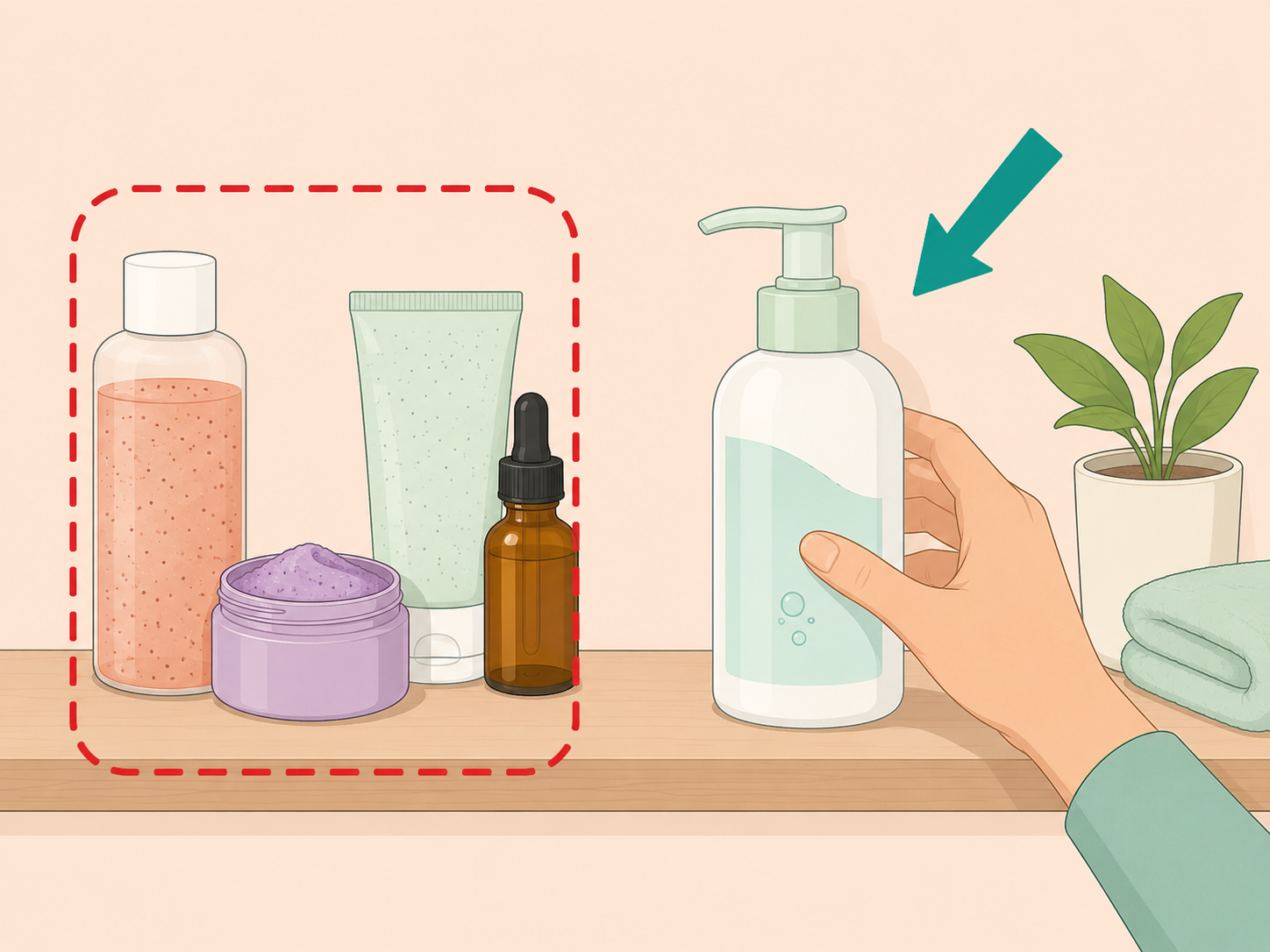 Gentle cleanser selected while harsh winter skin-care products are set aside.