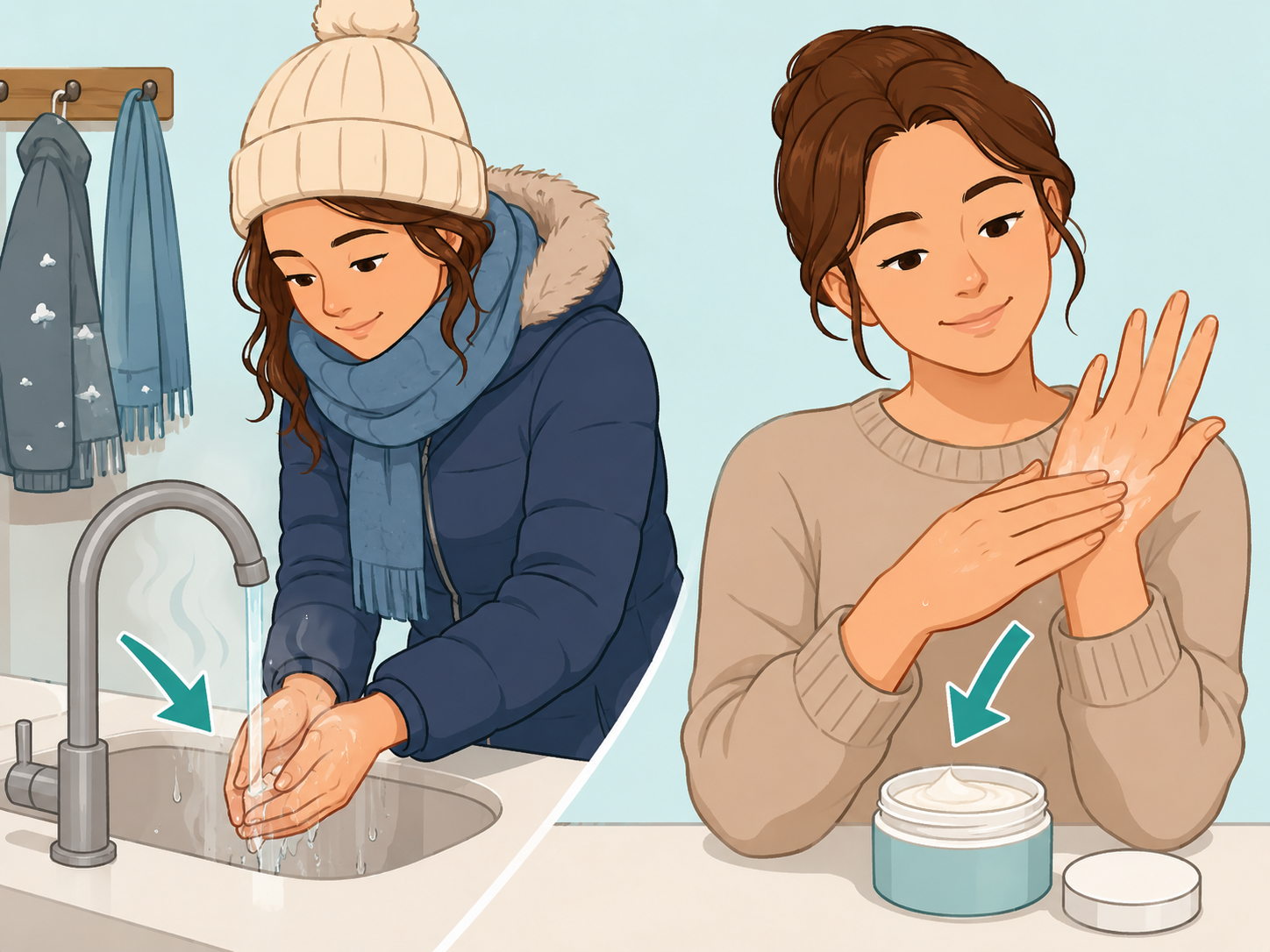 Person washing with warm water and applying moisturizer after being outside in snow.