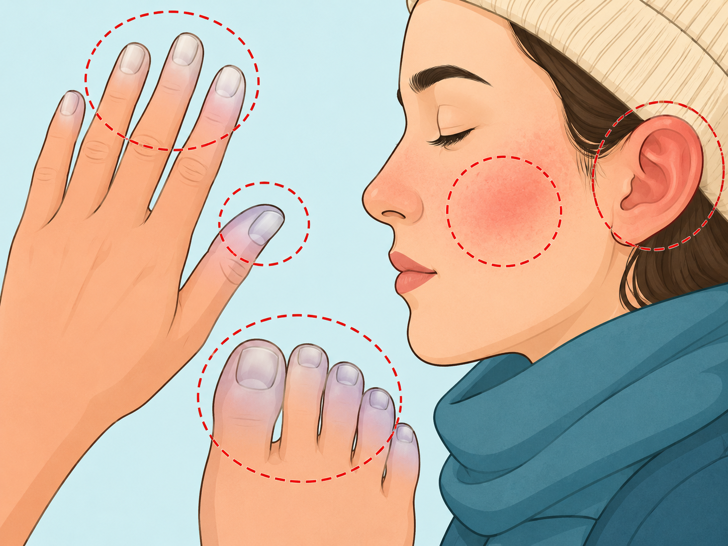 Cold-exposed fingers, toes, cheek, and ear with warning areas highlighted.