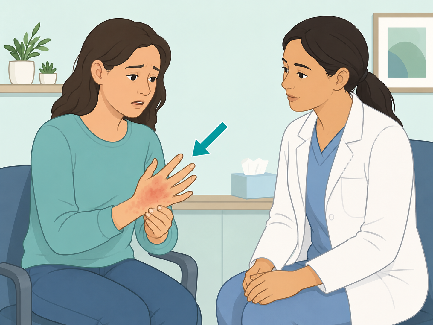 Person showing a cold-irritated hand to a healthcare professional.