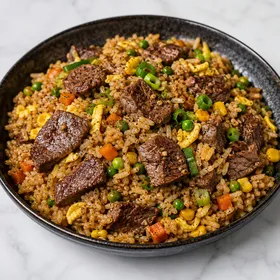 Steak black pepper fried rice with egg, vegetables, and green onion