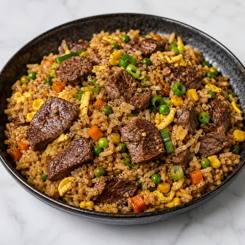 Steak black pepper fried rice with egg, vegetables, and green onion